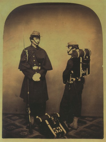 Soldiers of the Maryland Militia, 53rd Infantry Regiment, Company G, known as the Zouaves. Following the outbreak of the Civil War, the federal government placed Maryland under martial law and disbanded the state and local militias. Due to strong southern sympathies among Marylanders, an estimated 80% of the 53rd “crossed the Potomac” and joined the Confederacy, forming the nucleus of the 1st Maryland Confederate line. Image courtesy of Lance Bendann, Bendann Art Galleries, Baltimore.