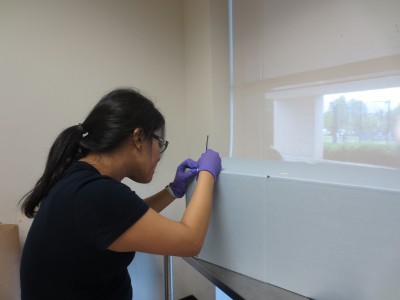 With guidance from a Washington Conservation Guild volunteer, a Morgan State student constructs a box to house a dress.