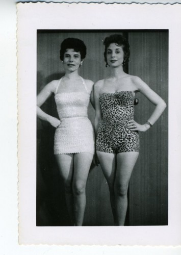 Black and white photograph of Aileen Klein and Elsie Stein in bathing suits from Sorority Guild Fashion Show "Old and New" (2000.4.10)