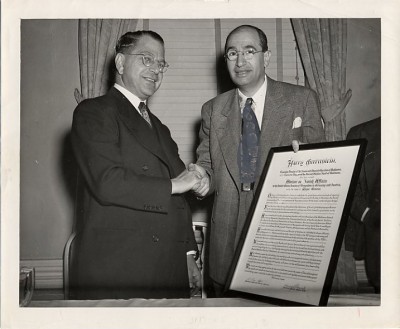 Harry Greenstein with Judge Joseph Sherbow at Greenstein?s appointment as Advisor on Jewish Affairs, Feb. 6, 1949. Courtesy of Mrs. Samuel Block. 1971.020.181.3