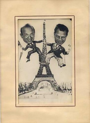 Photograph of Louis Shecter and Harry Greenstein in a drawing of the Eiffel Tower, 1953. Courtesy of Louis E. Shecter. 1974.021.002