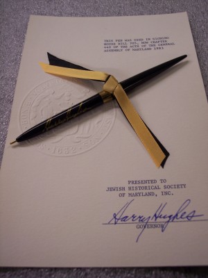 Pen used by Harry Hughes, Governor, in signing House Bill 705, now Chapter 440 of the Acts of the General Assembly of Maryland, 1983.  The bill was to restore B'nai Israel Synagogue. Courtesy of Harry Hughes. 1983.51.1.