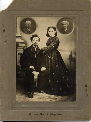 Mr. and Mrs. Solomon (or Samuel) Kingsbaker, 1867.  Cameo portraits in the upper left and right corners were inserted on the couple's 50th Anniversary in 1917.  The Kingsbakers were from Frederick, MD.  Courtesy of Paul and Rita Gordon. 1995.104.64