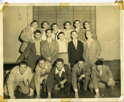 Around sixteen years later: Rambam Chapter of the AZA, northwest Baltimore. Even in this Zionist group, all but two of the identified boys had popular Americanized names. Back row: second from left, Irv Bowers, right end, Marvin Glass. Middle row: second from left, Al Blaker, center, Bernie Raynor. Bottom row: left end, Avrum Miller, right end, Hanan Sibel. 2008.117.1
