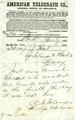 Telegram announcing the revocation of Grant’s General Orders No. 11, January 6, 1863. Courtesy of the American Jewish Historical Society.