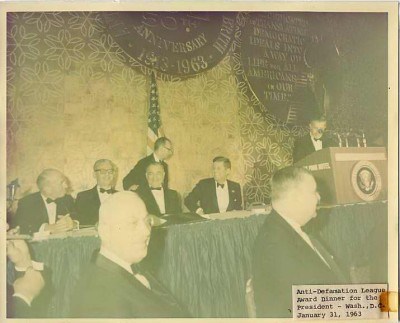 Anti-Defamation League Award Dinner for President John F. Kennedy, seated at the main table, in Washington, D.C. January 31, 1963. Photo by Cecil Stoughton.