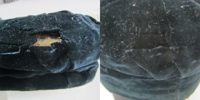 Left, a large hole in the hat. Right, the hole with new black velvet inserted to mask the hole.
