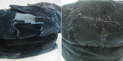 Left, a split, broken area lined with black cotton. Right, the area stitched back into place. A small seam of the cotton is visible.