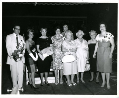 Callers provided a few clues about these Hadassah ladies. Left to Right:  1. [man] unidentified 2. unidentified 3. unidentified 4.  Brownie Cummings (past president of Hadassah) 5.[standing behind] possibly Sarah Kapiloff 6.____ Grief 7. Sara Jacobs 8. Jenny Ehrlich 9. unidentified