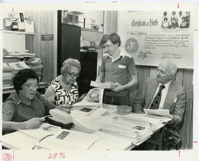 The JCC volunteers were on a first-name basis. Left to Right: 1. Esther Pugauski  2. Gertrude Deitz 3. Lee (last name not provided)   4. Sam (last name not provided)