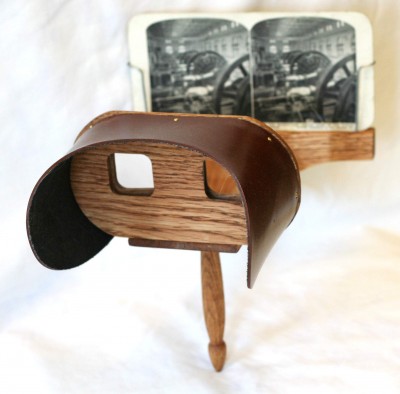 The Stereoscope that you may be more familiar with and the two that we have in our exhibit  Passages Through the Fire Jews and the Civil War look more like this one.  Image via.  