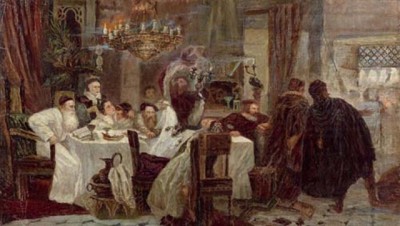 Marranos: Secret Seder in Spain during the times of inquisition, painting by Moshe Maimon. Image via wikipedia.