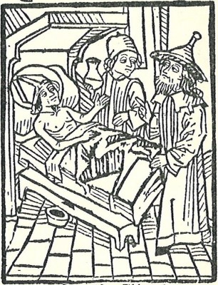 The Jewish physician is shown in 15th century German clothing, including distinctive headwear.