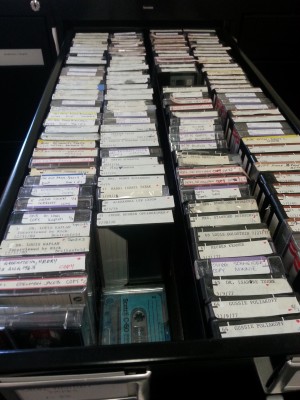 The Jewish Museum of Maryland is home to hundreds of oral histories.  Those histories that have not yet been digitized or transcribed are kept in audiocassette form and organized in filing cabinets.