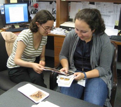 Museum Education Interns Emma Glaser and Arielle Kaden discussing which cards should be used in the matching game.