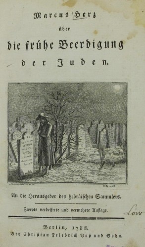 Title page, Uber die fruhe Beerdigung der Juden (On the Premature Burial of the Jews), by Marcus Herz, 1787. Courtesy of The National Library of Israel, Jerusalem.