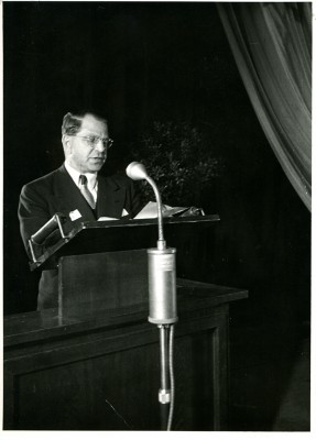 Harry Greenstein speaking in Munich on the first anniversary of Israel’s establishment, 1949 JMM 1971.20.156
