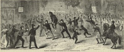 "Famous whiskey insurrection in Pennsylvania", an illustration from Our first century: being a popular descriptive portraiture of the one hundred great and memorable events of perpetual interest in the history of our country by R. M. Devens (Springfield, Mass, 1882). Image courtesy of the New York Public Library via Wikipedia.org. 