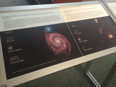 This exhibit, about galaxies, is tactile; it has raised graphics and paragraphs in Braille so that the blind can understand the information that it conveys.