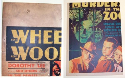 Two movie poster fragments, printed on cardboard. Donated by Bernard Levin, 2014.44.2, 2014.44.4