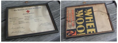 Front and back of Bernard Levin’s 1933 First Aid certification, in original frame. Donated by Bernard Levin, 2014.44.2