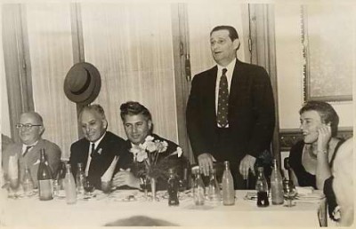 Mapam's leaders greeting to his Excellency Minister Shitrit and Dr. Schwartz, 1956.  From left to right:  Dr. Marcos Satanowsky, his Excellency Minister Shitrit, Mr. Jaime Finkelstein (Leader of the Mapam Party in Argentina), Dr. Joseph Schwartz and Mrs. Schwartz.