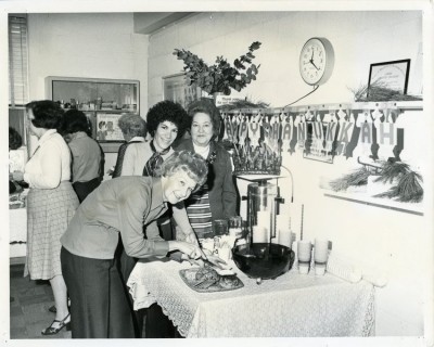 Elayne Fedder, Bernice Friedman, Myrna Cardin, and Belle Legum at the JCC Volunteers’ Chanukah Party, circa 1970.  Donated by the JCC.  JMM# 2006.013.456