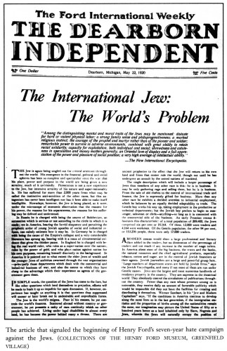 Article The International Jew: The World's Problem in Henry Ford's newspaper The Dearborn Independent, May 22, 1920.