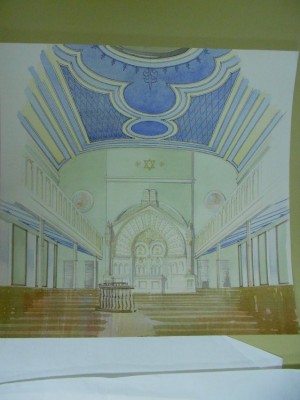 Water color wash of a pencil sketch of the interior of B’nai Israel Synagogue by Roger Lee Katzenberg of Kann & Ammon. JMM 1986.54.3