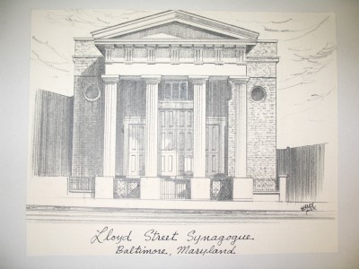 Pencil drawing of the exterior of the Lloyd Street Synagogue by Louis Rix. JMM 1988.26.1