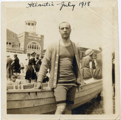 Leonard Weinberg poses in front of the Steel Pier, Atlantic City, July 1918.  Gift of Jan L. Weinberg. JMM 1996.127.35