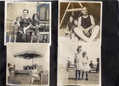 A page of the Weinberg family scrapbook, showing a variety of beach and boardwalk activities from a 1911 trip to Atlantic City.  Gift of Jan L. Weinberg. JMM 1996.50.27o