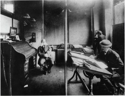 Henry Sonneborn, Siegmund Sonneborn, and unknown man in the Sonneborn Office at corner of Eutaw and German Streets, c.1900. JMM 1991.55.1b