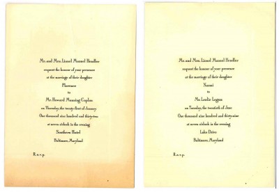 Invitations to Florence’s 1932 wedding (left) and Naomi’s 1939 wedding (right). Gift of Naomi Biron Cohen. JMM 2009.58.9