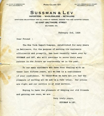 Letter indicating that Sussman & Lev are taking over the New York Import Company, February 3, 1926. JMM 1991.140.1