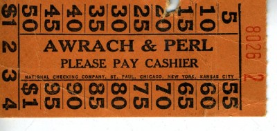 Cashier’s check for Awrach and Perl Delicatessen, c. 1940s. JMM 1992.274.2