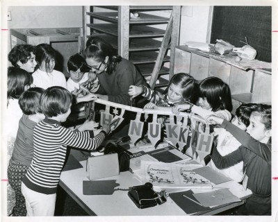 Children preparing decorations for a Chanukah party, circa 1980.  Gift of the Jewish Community Center of Greater Baltimore. JMM 2006.13.274b