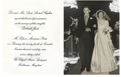 Deborah Kaplan, daughter of Dr. Louis Kaplan, married Efrem M. Potts on November 24, 1949 at Chizuk Amuno, Baltimore. Gift of Efrem M. Potts. JMM 1995.192..11, 239 