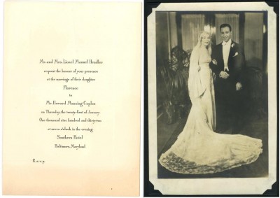 Florence Hendler married Howard Caplan on January 21, 1932, at the Southern Hotel, Baltimore. Invitation: gift of Naomi Biron Cohen, JMM 2009.58.9; photo: Anonymous gift, JMM 1998.47.4.59