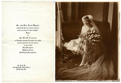 Rose Shapira of Pittsburgh married Sol Meyer Freedman of Baltimore on November 8, 1921.  Gift of Shirley Freedman, JMM 1989.211.9, 6.26