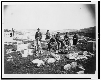Group of tourists with indigenous people in cemetery outside walls of Jerusalem, c. 1860-1890. Courtesy of the Library of Congress.