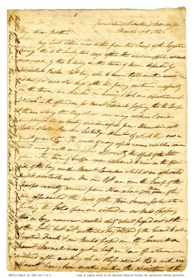 Letter from Mendes Cohen to his mother, March 19, 1832. Courtesy of the Maryland Historical Society.
