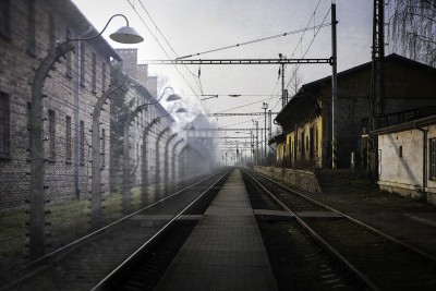 Image combining the train station at Buhosovice, near Terezîn (left) and Auschwitz (right). Image from Loss and Beauty by artist Keron Psillas.