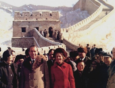 President and Mrs. Nixon visit the Great Wall of China, February 24, 1972. Photo by Byron E. Schumaker. NARA 194421