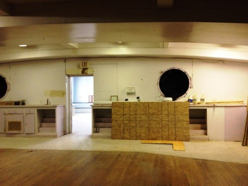 The jazzy maritime-themed SIU cocktail lounge included two porthole windows revealing tanks of fish.  The large kitchen (through the open door) was in an addition built by the SIU. Taken by JMM staff, March 7, 2017