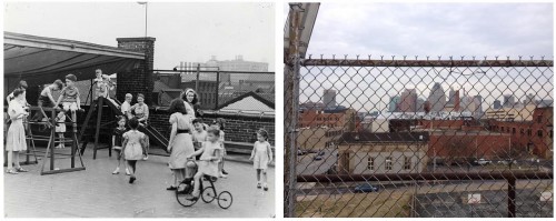 Left: Children playing on the JEA roof, circa 1945. Gift of Jack Chandler, JMM 1992.231.029 Right: The current view toward downtown from the rear roof deck. Taken by JMM staff, March 7, 2017