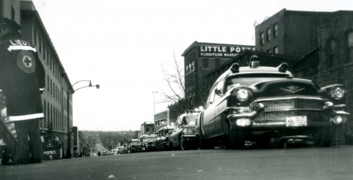 This long line of Cadillac ambulances ferried patients from Sinai Hospital on Monument Street to the newly built hospital on Belvedere Avenue in 1959. Gift of the Baltimore Jewish Times, 2012.054.351.015.