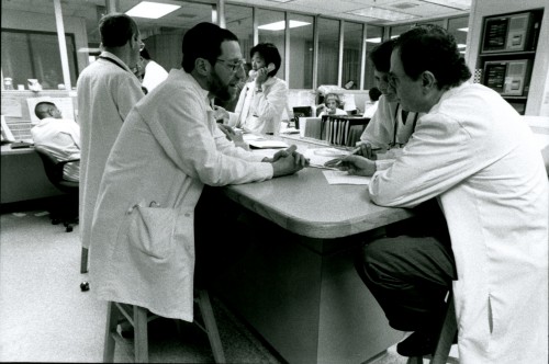 This photo describes the nurses’ station as the “headquarters” of the emergency room at Sinai Hospital in 1996. L-R, Dr. Fred Sunness and Dr. Tariq Khan. J. Hwang, photographer. Gift of the Baltimore Jewish Times, 2012.054.351.024.