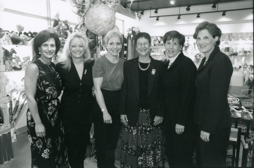 Much enlarged in its suburban location, the gift shop was still staffed by the women of the Sinai Ladies Auxiliary, shown here in 1998. L-R: Pamela Platt, Beverly Epstein, Linda Smith, Elaine Lowen, Ann Robinson, and Debbie Effron. Kyle Bergner, photographer. Gift of the Baltimore Jewish Times, 2012.054.351.059.