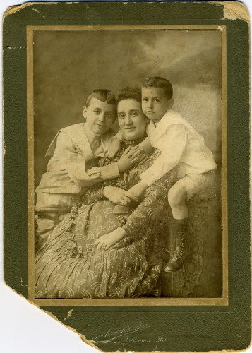 Sepiatone photograph of Ella Gutman Hutzler with her two sons, Albert D. Hutzler and Joel Hutzler c. 1898, JMM 1991.26.9